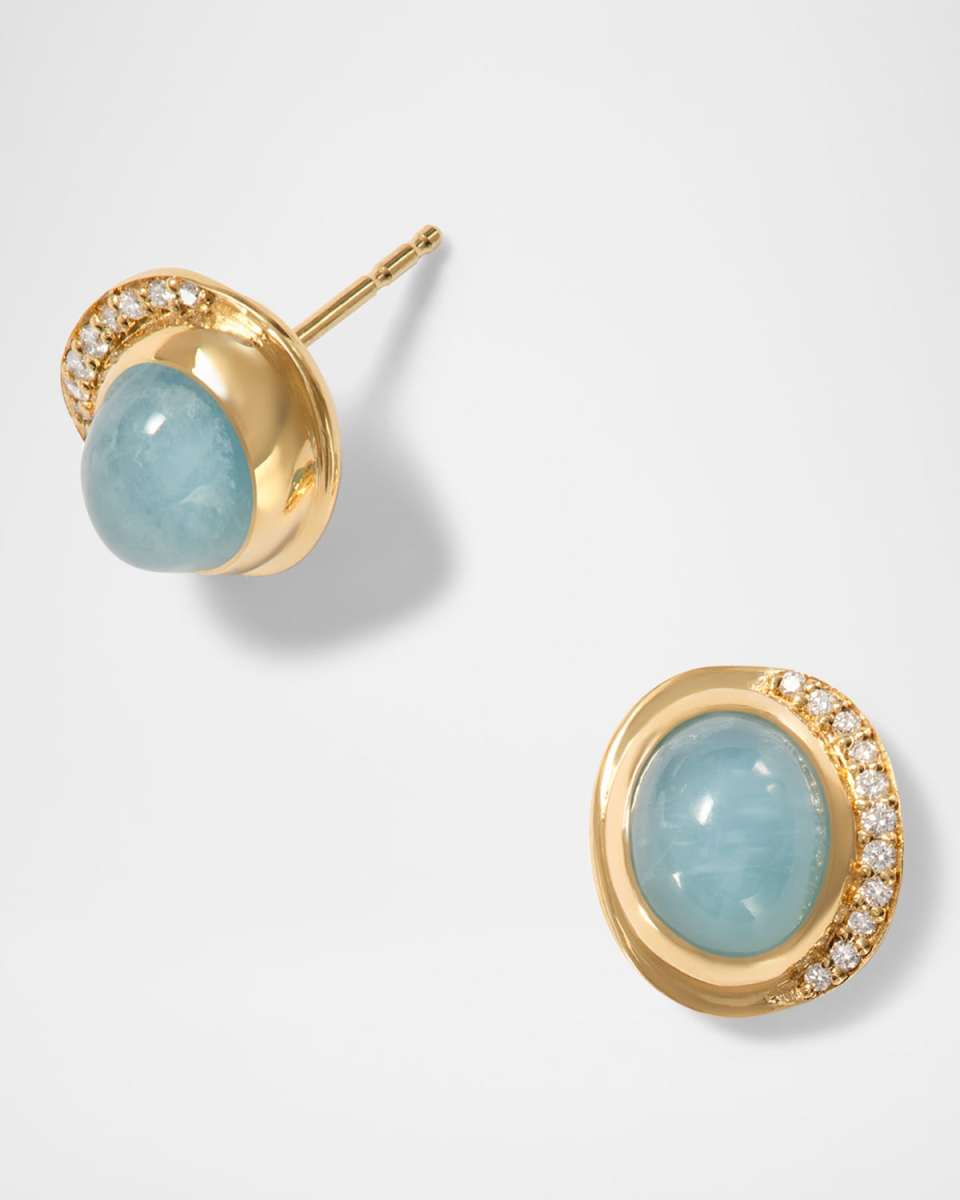 18K Yellow Gold Aurora Crescent Stud Earrings with Diamonds and Aquamarine